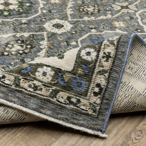 5' X 8' Blue And Gray Oriental Area Rug With Fringe